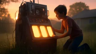 Ein junger Junge steht in seinem Garten beim Sonnenaufgang neben seiner selbstgebauten Zeitmaschine, umgeben von gras, das vom Tau glitzert.