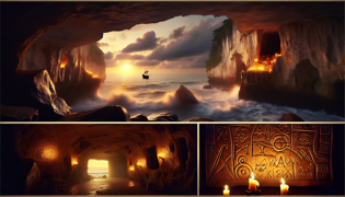 Pirate's cave interior illuminated by torchlight