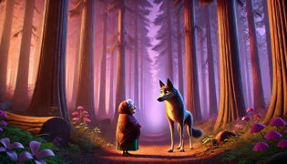 Gray wolf with amber eyes blocks an elderly traveler’s path among ancient cedars