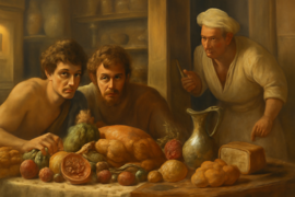 Two mice hiding behind food in an ornate pantry