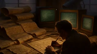 Early computer mainframe terminals with Tibetan scrolls and mathematicians debugging code