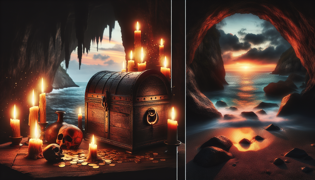 Ancient pirate treasure chest overflowing with gold coins