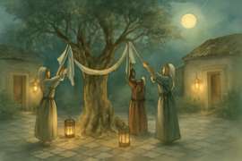 Villagers weaving white ribbons into an olive tree’s branches under a lantern-lit sky