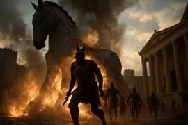 Des flammes et des ruines alors que les soldats grecs sortent du cheval de bois placé à l’intérieur de Troie.
