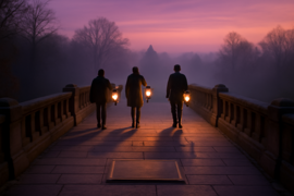 Les visiteurs du crépuscule se rassemblent près de la plaque du Cavalier sans tête en bronze, à côté du pont reconstruit de Sleepy Hollow.