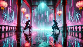 Deux cyber-ninja s'affrontent sous une pluie fluorescente sur les remparts du palais.