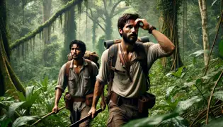 Emilio and Diego trek through the thick Guatemalan jungle, surrounded by towering trees and vibrant foliage.