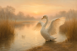 Um majestoso cisne branco emergindo de águas azuis ondulantes