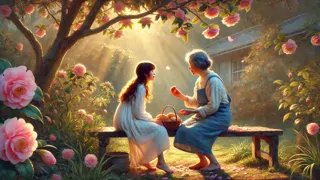 The groundskeeper and Lily share dense homemade bread beneath a flowering camellia