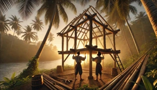 Crusoe and Friday working together to erect a wooden shelter by the river