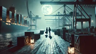 Un ponton au clair de lune avec un jeune couple en silhouette devant des grues de fret