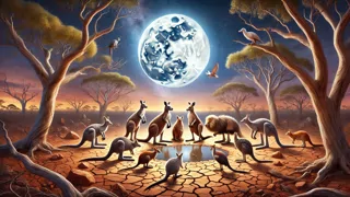 Ein Rat von Outback-Tieren, die unter dem Mondlicht an einem ausgetrockneten Wasserloch beraten