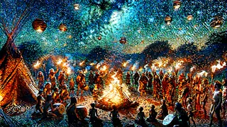 Un feu ardent sous un ciel étoilé, tandis que les membres de la tribu célèbrent autour des flammes.