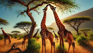 Ndemi the giraffe stretches his neck to reach the lowest leaves of an acacia tree while other giraffes watch curiously.