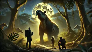 The legendary Golden Tapir glows under the moonlight in a jungle clearing, its ancient eyes locking onto the stunned explorers.