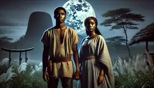 Under the moonlit night, Adanne and Obinna stand close together in a forest, holding hands as Aso Rock looms behind them.