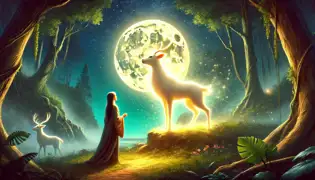 Under the full moon, Nicté watches in awe as the white deer transforms into Itzam, breaking the ancient curse.