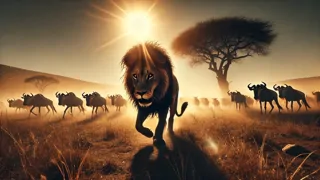 Lion prowling under moonlit sky as prey huddles in distant shadows