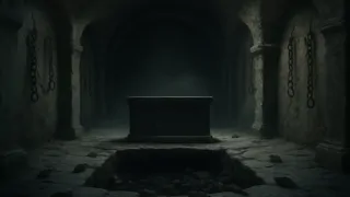 Eine unterirdische Kammer mit einem steinernen Altar neben einem tiefen Abgrund, der von glühäugigen Ratten bevölkert wird