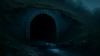 A moss-covered stone arch leading into a dark subterranean tunnel, water dripping ominously.