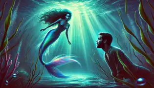 Santiago swims underwater, gazing at Marina, the mermaid, as she hovers in the ocean depths with a glowing, iridescent tail.