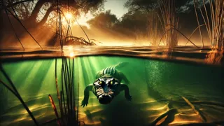 A stealthy crocodile gliding silently beneath green river waters, eyes fixed on unaware monkey above