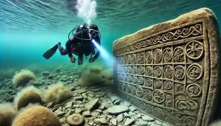 A diver underwater in Lake Issyk-Kul uncovering a stone wall with ancient symbols illuminated by flashlight.