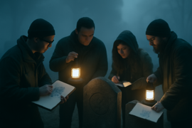 Investigators examining headstones under lantern light in a misty cemetery