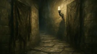 A narrow, candlelit corridor inside the House of Usher, with hanging drapery and cracked walls