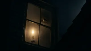 A close-up of a piercing blue eye glowing under gaslight