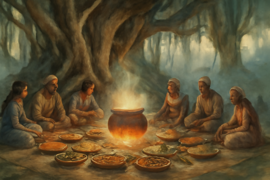 Villagers gathered under a banyan tree feasting joyfully around a glowing copper pot
