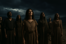 Os aldeões se reuniram sobre a terra rachada, olhando para as nuvens negras.