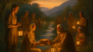 Les villageois célébrant l'honnêteté du bûcheron avec des lanternes au bord du ruisseau.