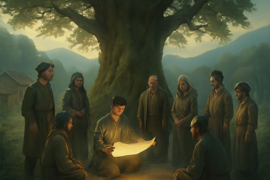 Villagers gathered under a camphor tree listening to a scholar recite a glowing scroll
