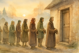 A line of villagers waiting outside the cobbler’s shop at dawn