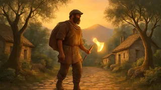 Le bûcheron revient à son village avec la hache en or au crépuscule.