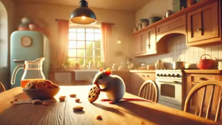 Un pequeño ratón gris de contenido saborea un bocado de una galleta recién horneada mientras los rayos de sol entran por la ventana.