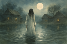 Eine gespenstische Frau in Weiß steht am nebelverhüllten Ufer einer Flussverzweigung unter einem Vollmond.