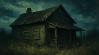 Ancient farmhouse under stormy skies surrounded by wild grasses