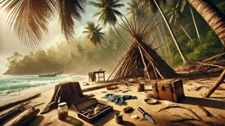 Débris de navire jonchant une plage bordée de palmiers, avec un abri de fortune en bois flotté