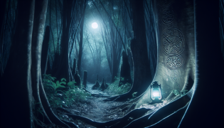 Dense jungle path with flickering lanterns marking a hidden warning