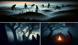 Campfire under oak trees with ominous shapes in the distant ridge