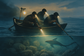 Fishermen peering into dim underwater caverns beneath moonlit waves