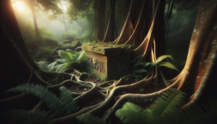 Moss-covered Taíno carvings glinting between jungle roots