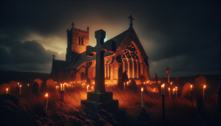 Shadowy interior of the church nave with flickering candles