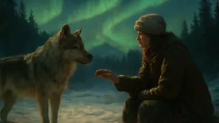 White Fang schnüffelt sanft an der Hand seines menschlichen Betreuers, während sich unterwirbelnden grünen Nordlichter am Himmel zeigen.