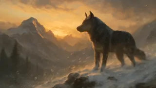 White Fang, der triumphierend auf einem windgepeitschten Berggipfel bei Sonnenuntergang steht, sein Fell im goldenen Licht schimmernd