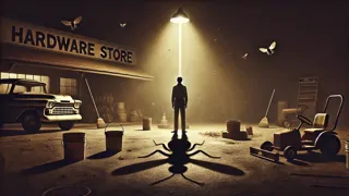 Gordon practices his bee impression under a streetlamp with shadows stretching across the hardware store lot.