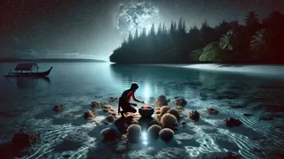 Un joven talla una vasija de coral bajo la luz de la luna junto a una laguna resplandeciente.