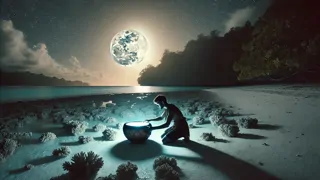 La juventud coloca un bol de coral sobre la arena mientras la luz de la luna penetra en él.